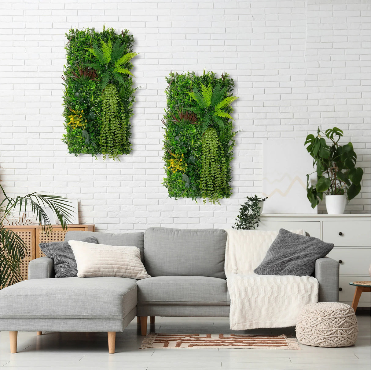 Lush green Alina Artificial Wall Tiles featuring various ferns and foliage, enhancing a modern living room with white brick walls