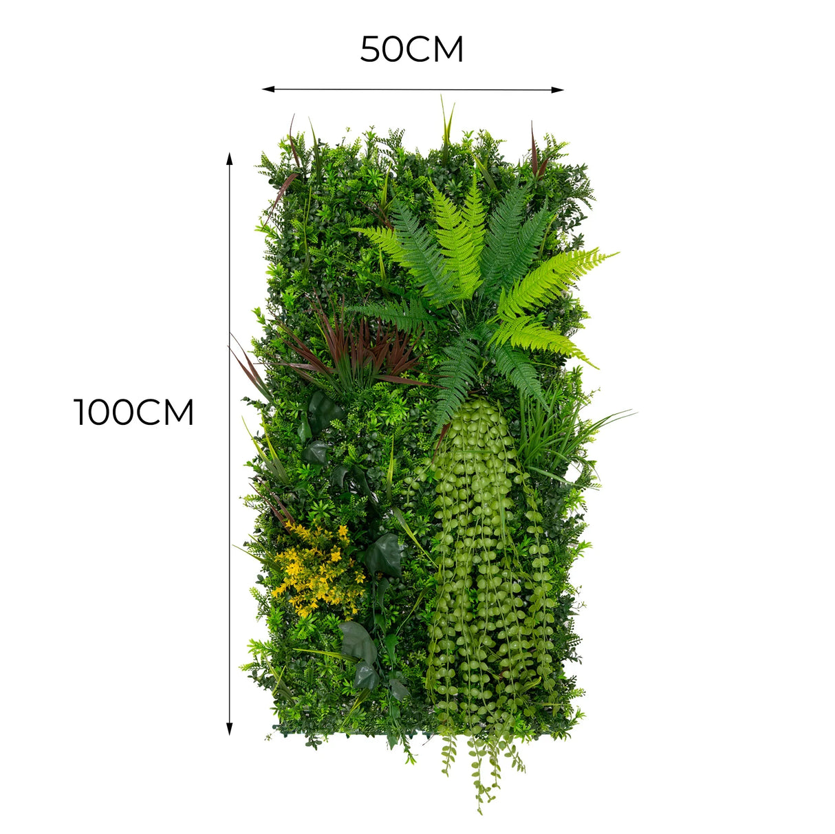 Lush green Alina artificial wall tile featuring ferns, succulents, and vibrant yellow flowers, measuring 50cm x 100cm