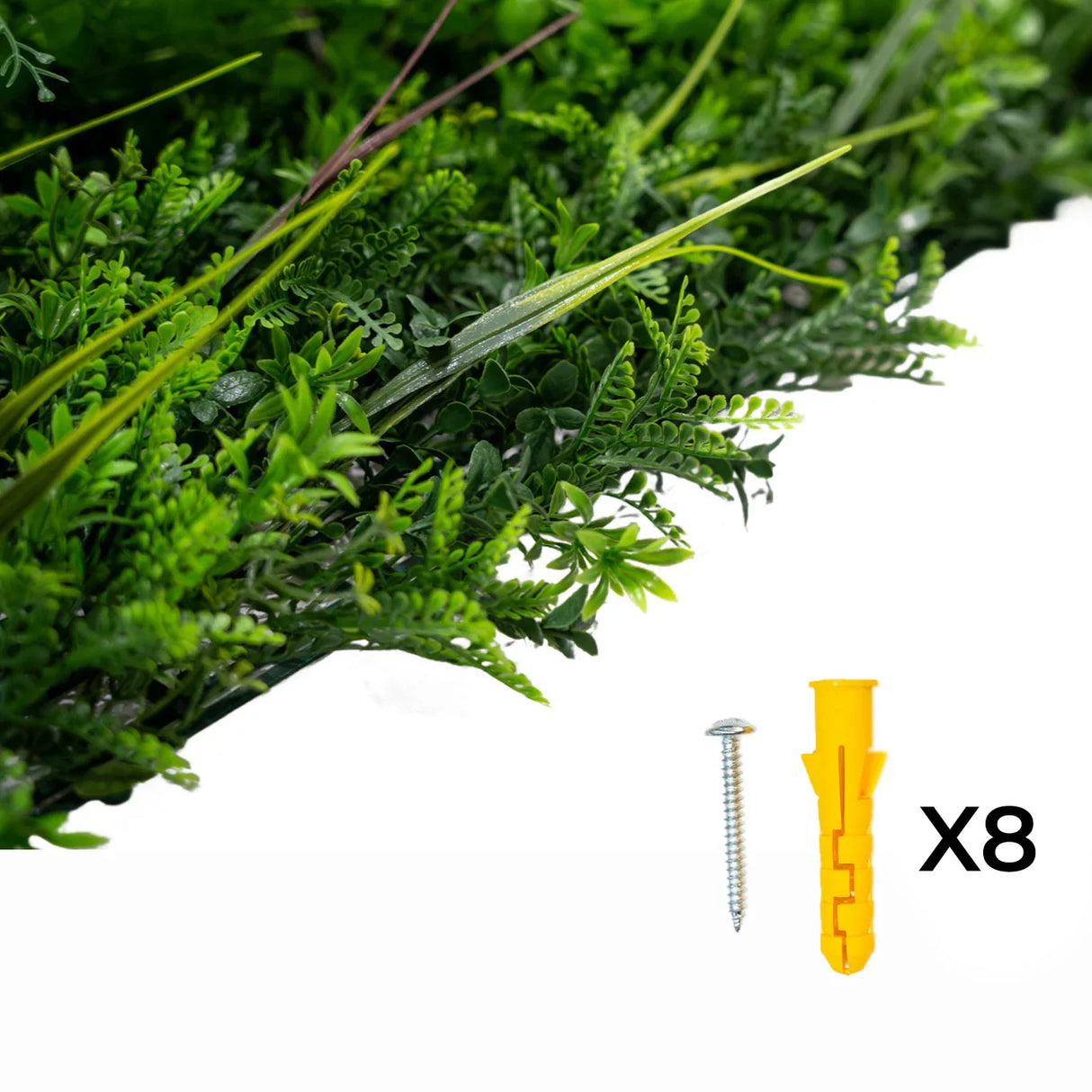 Alina Artificial Wall Tile in lush green with realistic foliage, includes yellow wall anchors and screws for easy installation