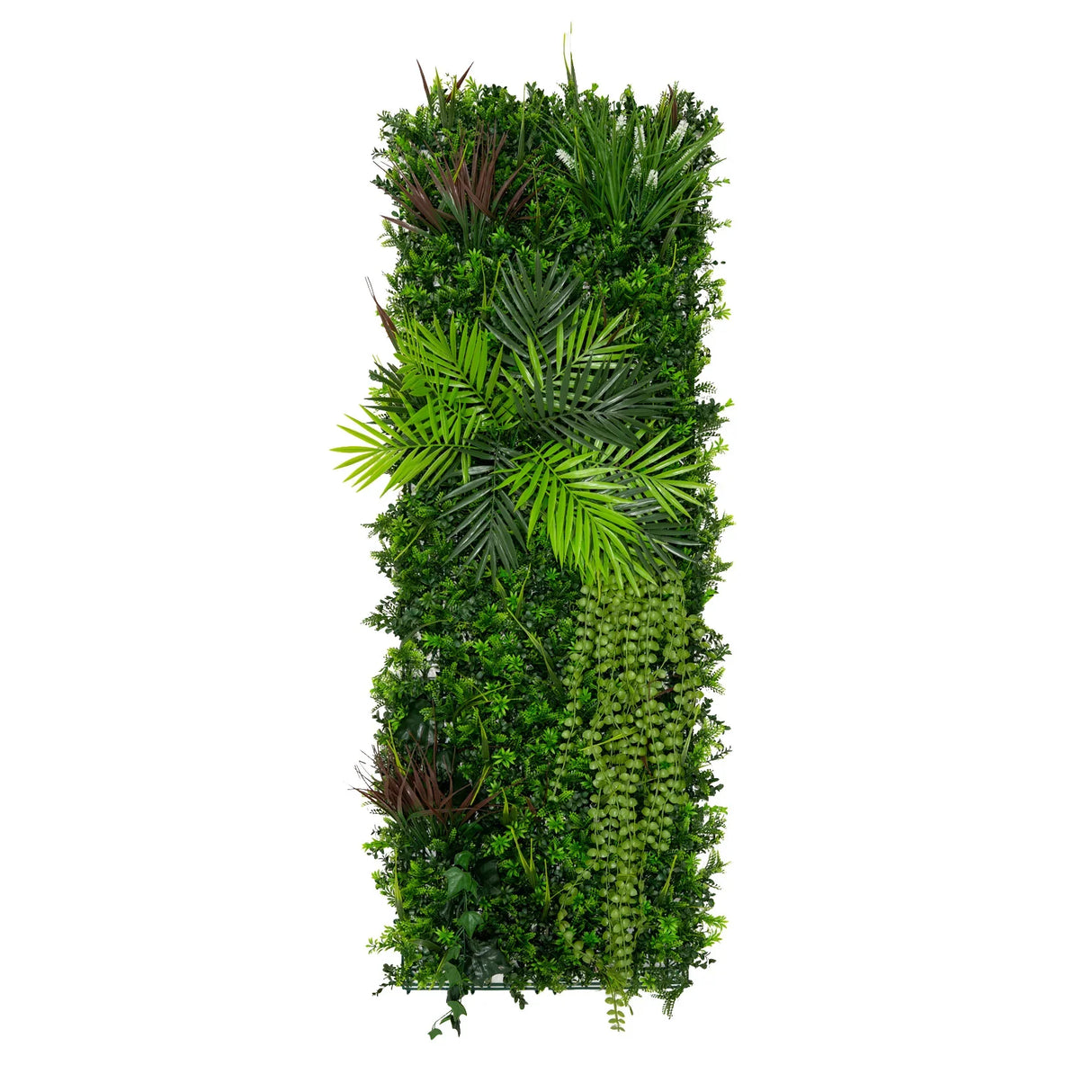 Lush green Alina artificial wall tile featuring various textured leaves and plants, perfect for enhancing indoor spaces with a natural look