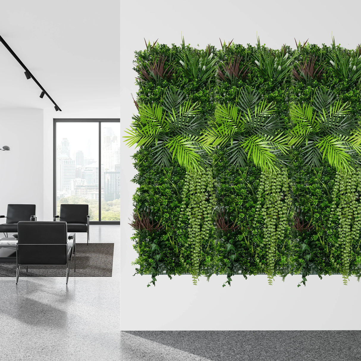 Lush green Alina artificial wall tile featuring various textured plants, ideal for enhancing modern interior spaces with a natural look