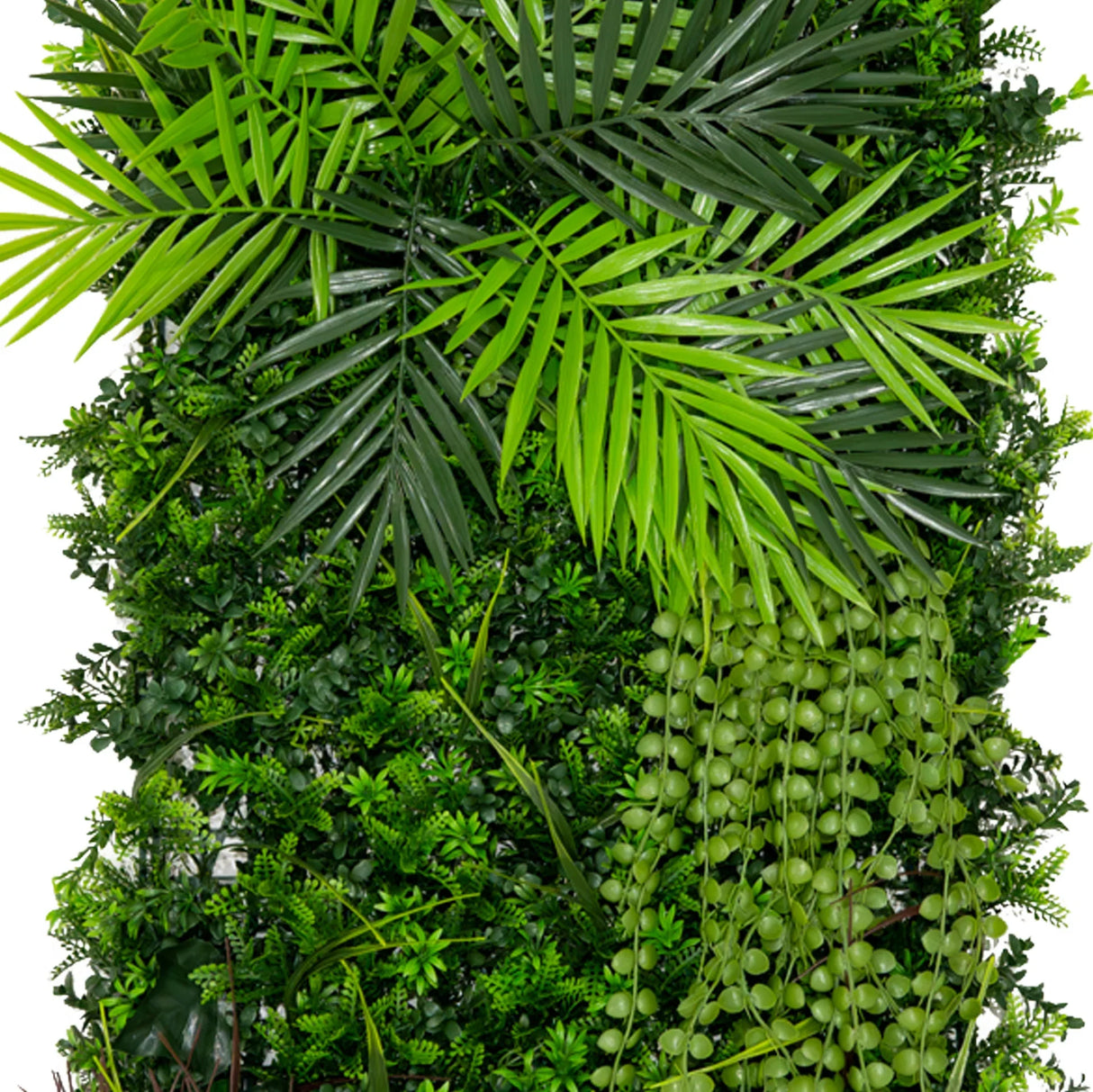 Lush green artificial wall tile featuring various leaf textures, including ferns and hanging vines, ideal for indoor decor