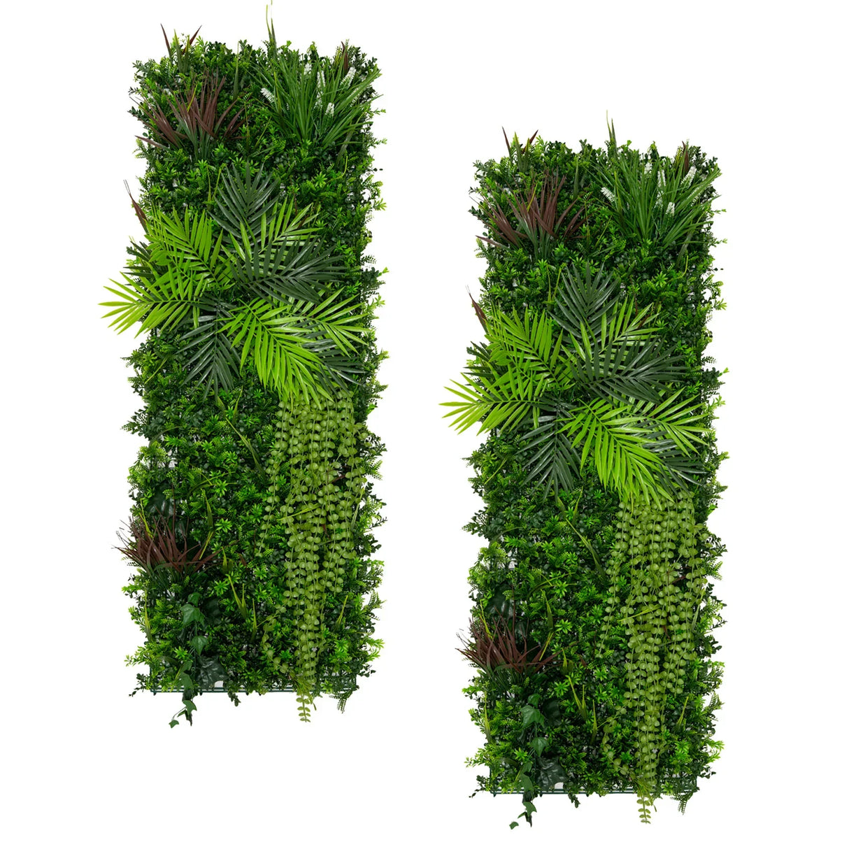 Alina Artificial Wall Tile set of 2, 50cm x 150cm, featuring lush green foliage, various plant textures, and vibrant colors for a natural look