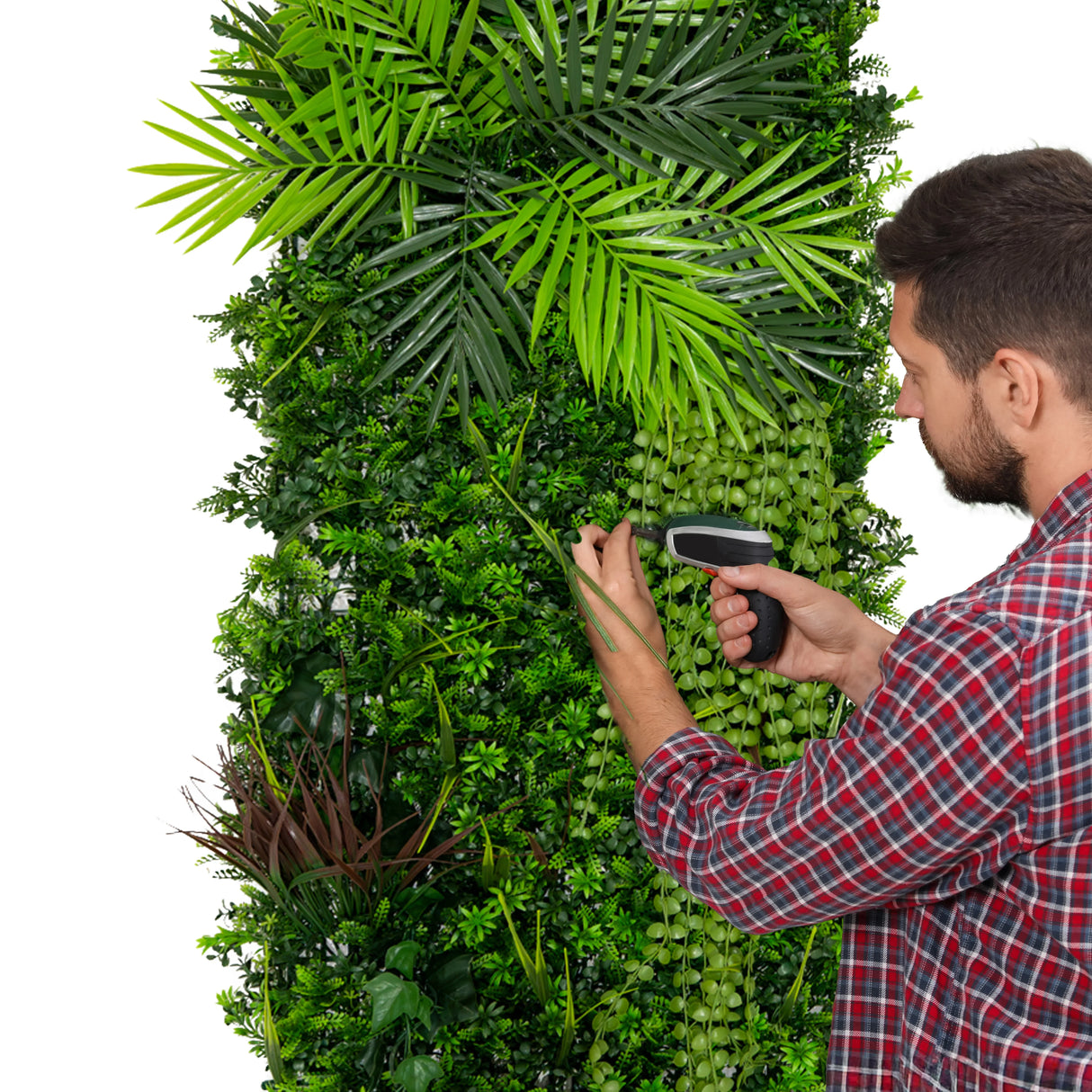 Alina Artificial Wall Tile in lush green foliage, featuring various plant textures, ideal for enhancing indoor spaces with a natural look