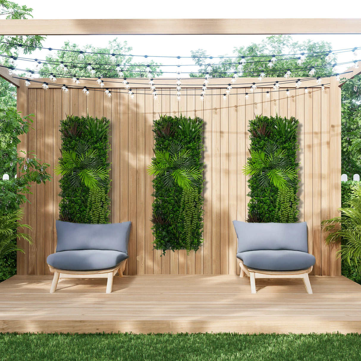 Alina Artificial Wall Tile in lush green, featuring three vertical panels, enhances a modern outdoor seating area with natural aesthetics