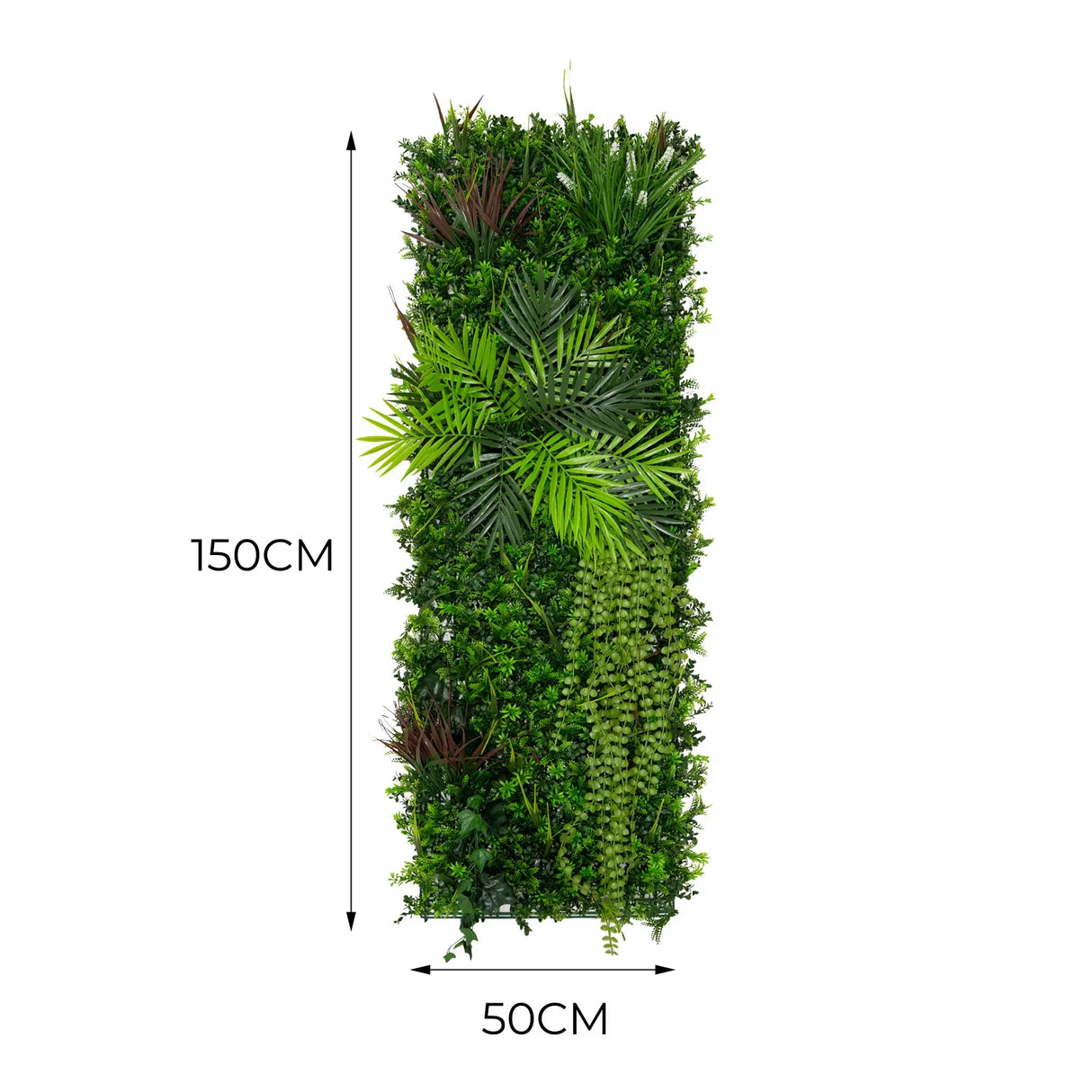 Lush green Alina artificial wall tile featuring various textures and shades of foliage, measuring 50cm x 150cm, ideal for decor