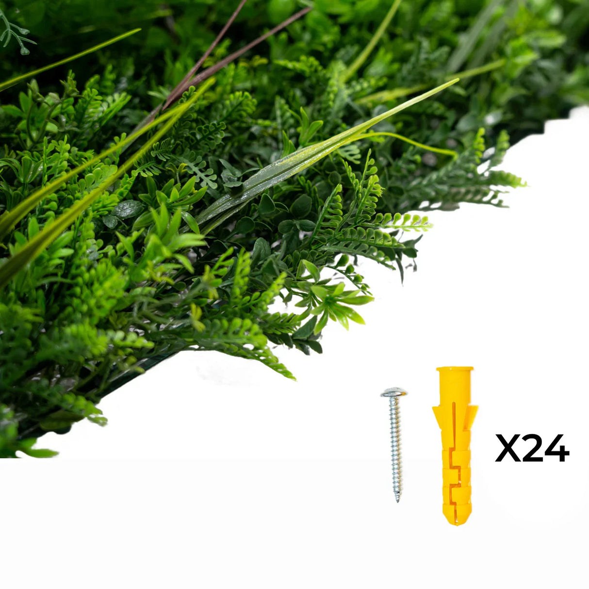 Alina Artificial Wall Tile in lush green foliage, featuring realistic leaves and included yellow mounting screws for easy installation