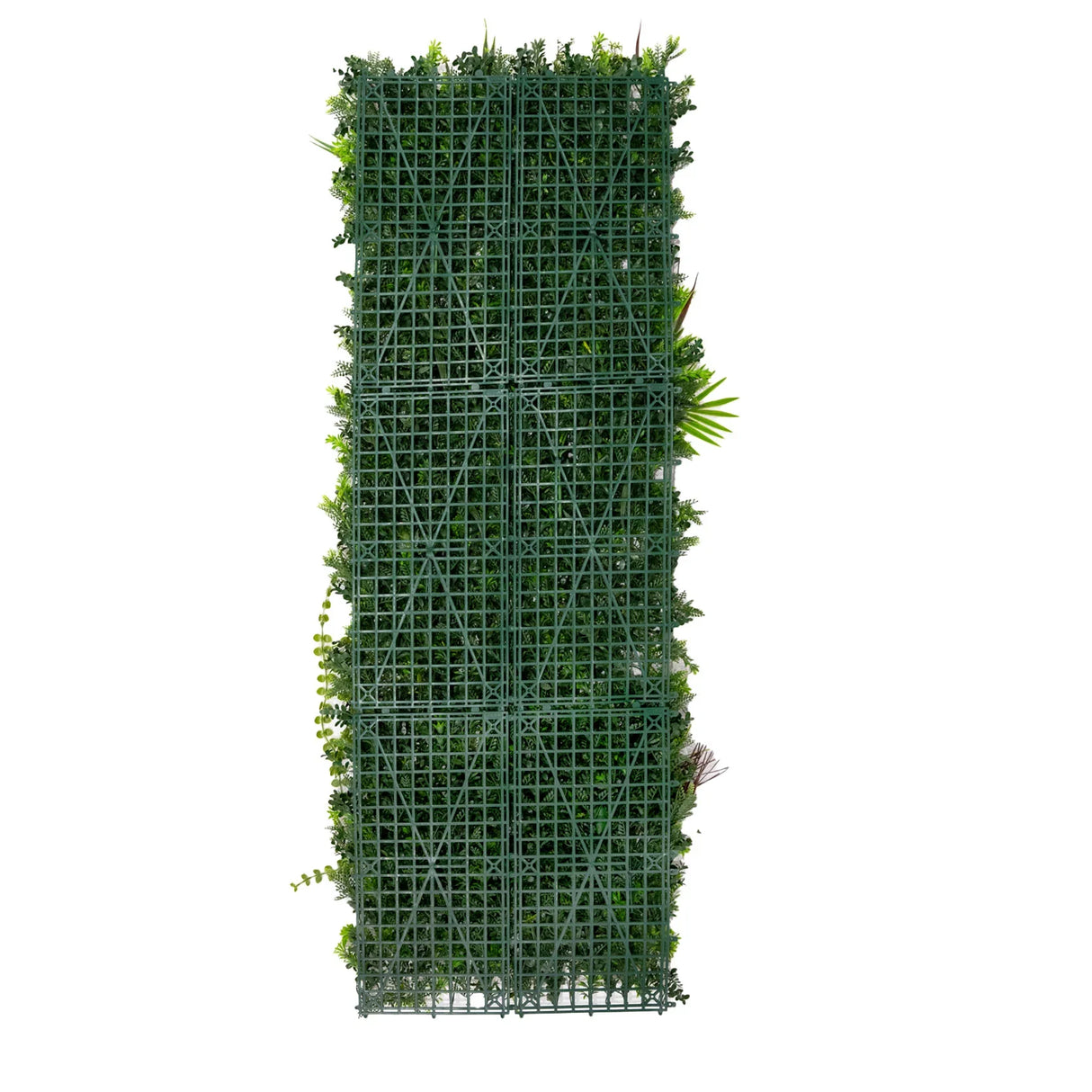 Alina Artificial Wall Tile in green, featuring a textured grid design with lush foliage and various plant accents, 50cm x 150cm