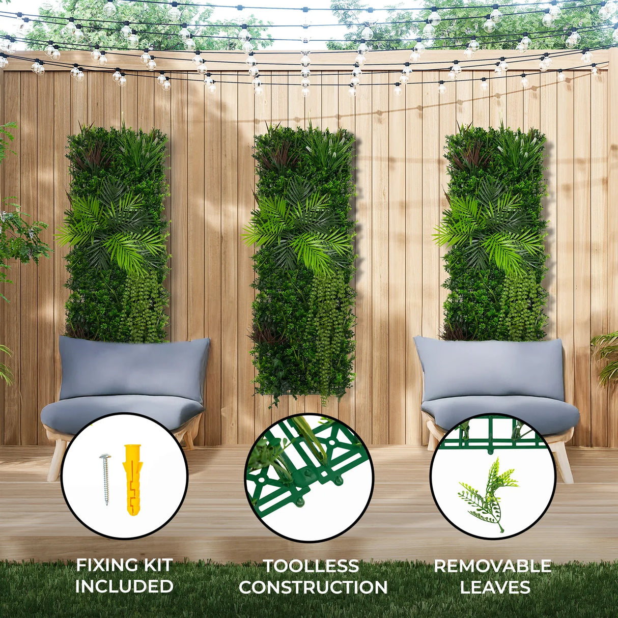 Alina Artificial Wall Tile in lush green with removable leaves, perfect for enhancing indoor or outdoor spaces, includes fixing kit