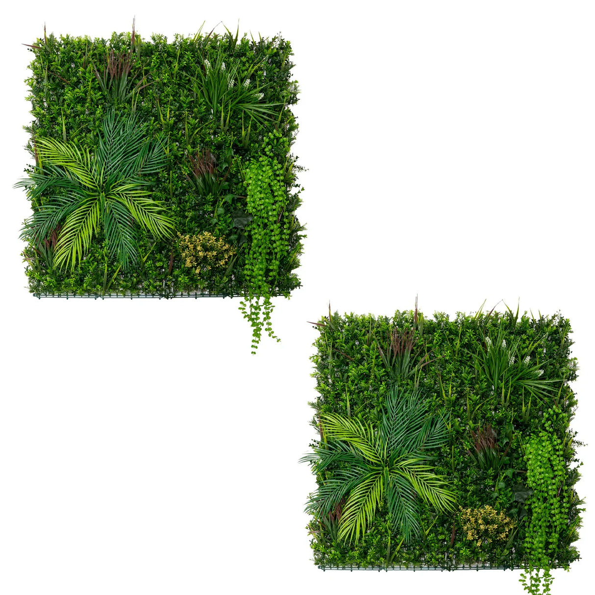 Lush green Alina artificial wall tiles featuring various plants, including ferns and palms, in a 100cm x 100cm square design