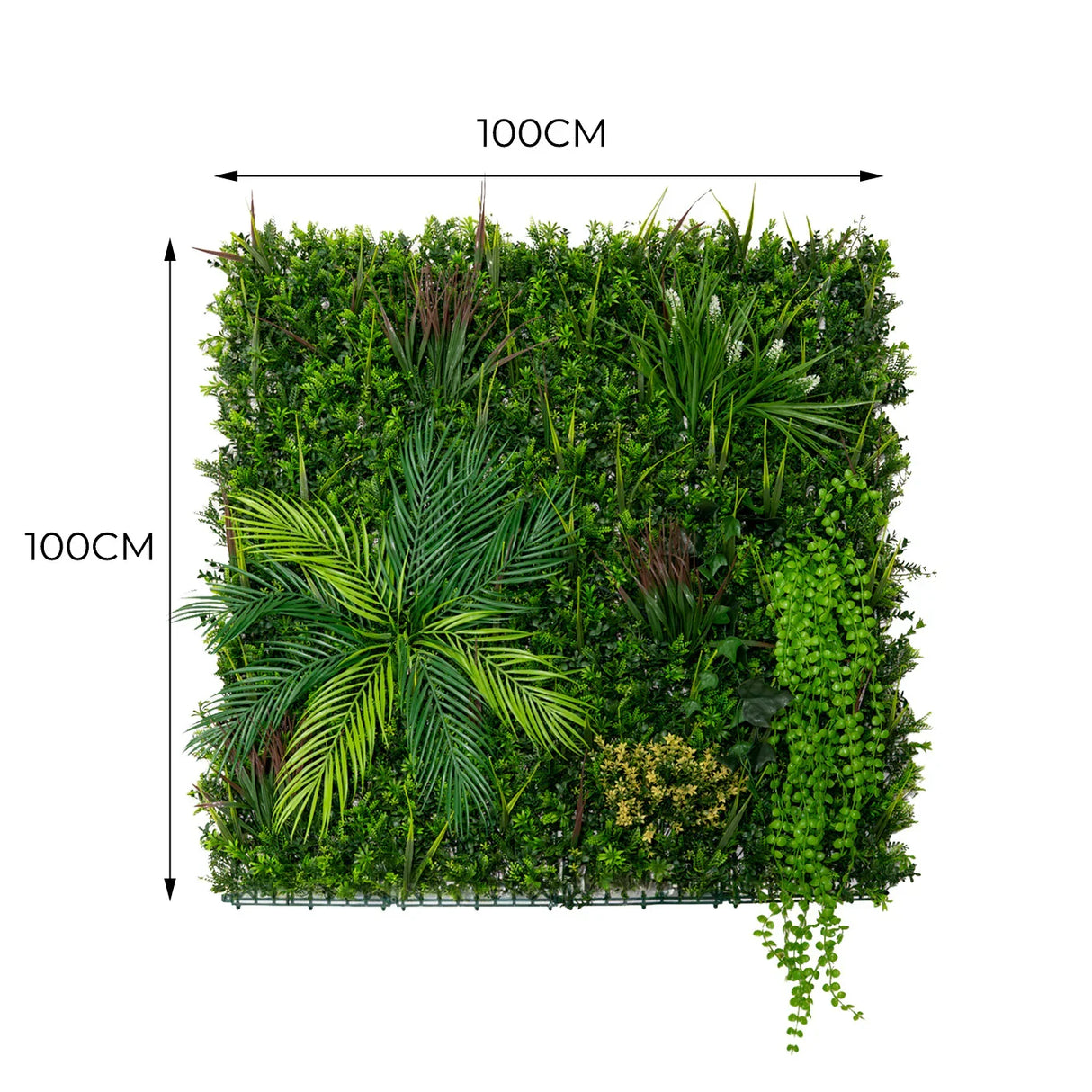 Lush green Alina artificial wall tile featuring various plants, measuring 100cm x 100cm, perfect for enhancing indoor spaces