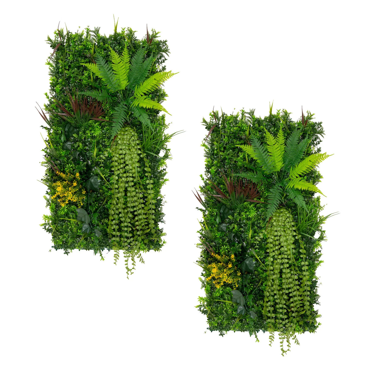 Lush green Alina artificial wall tiles featuring ferns, cascading plants, and vibrant yellow flowers, perfect for indoor decor
