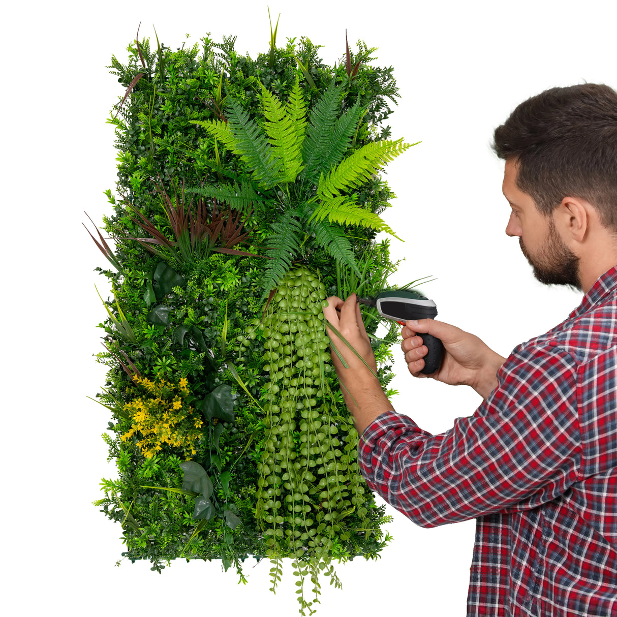 Lush green Alina artificial wall tile featuring ferns, vines, and flowers, ideal for enhancing indoor spaces with a natural look