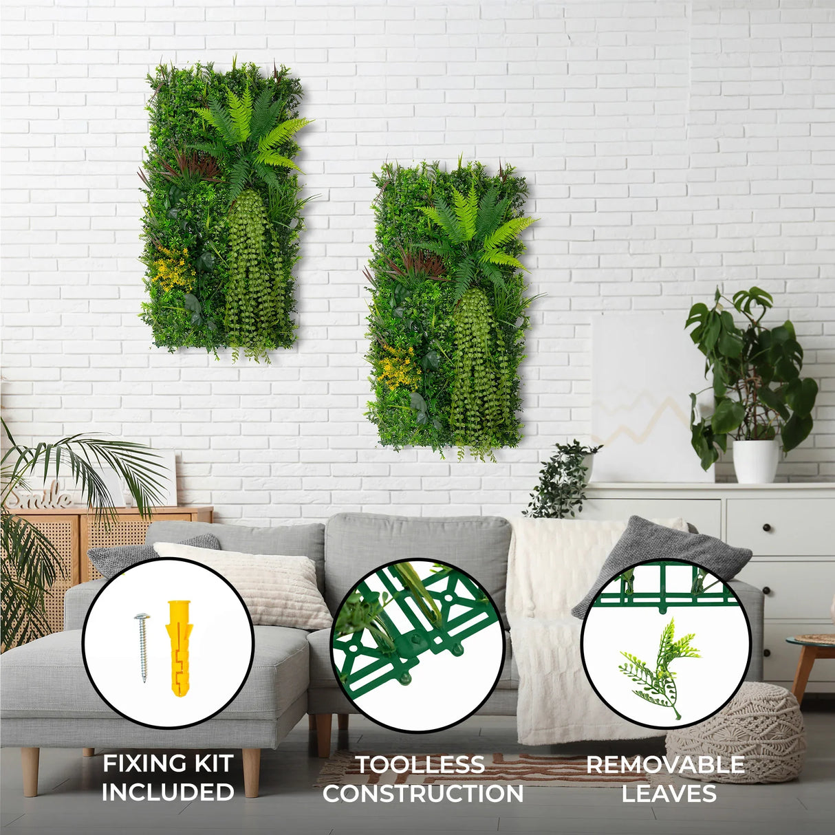 Lifelike Alina Artificial Wall Tiles in green, featuring removable leaves and a fixing kit, enhance any indoor space with a natural look