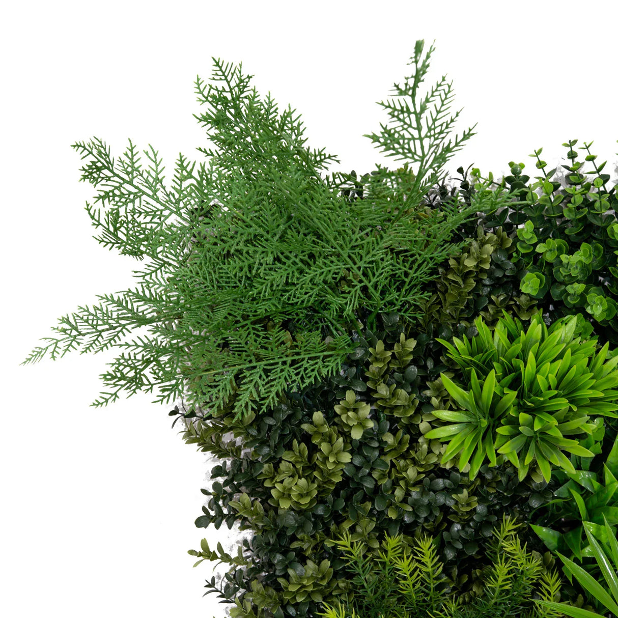 Mira Artificial Wall Tile features lush green foliage with various textures, including ferns and succulents, ideal for vibrant decor
