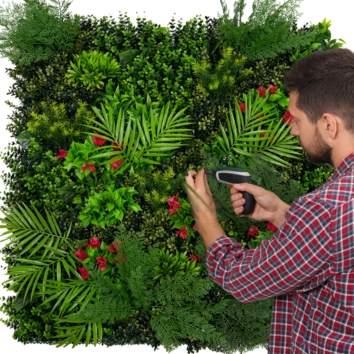 Mira Artificial Wall Tile in lush green foliage with vibrant red flowers, showcasing a realistic texture and vibrant colors, ideal for decor