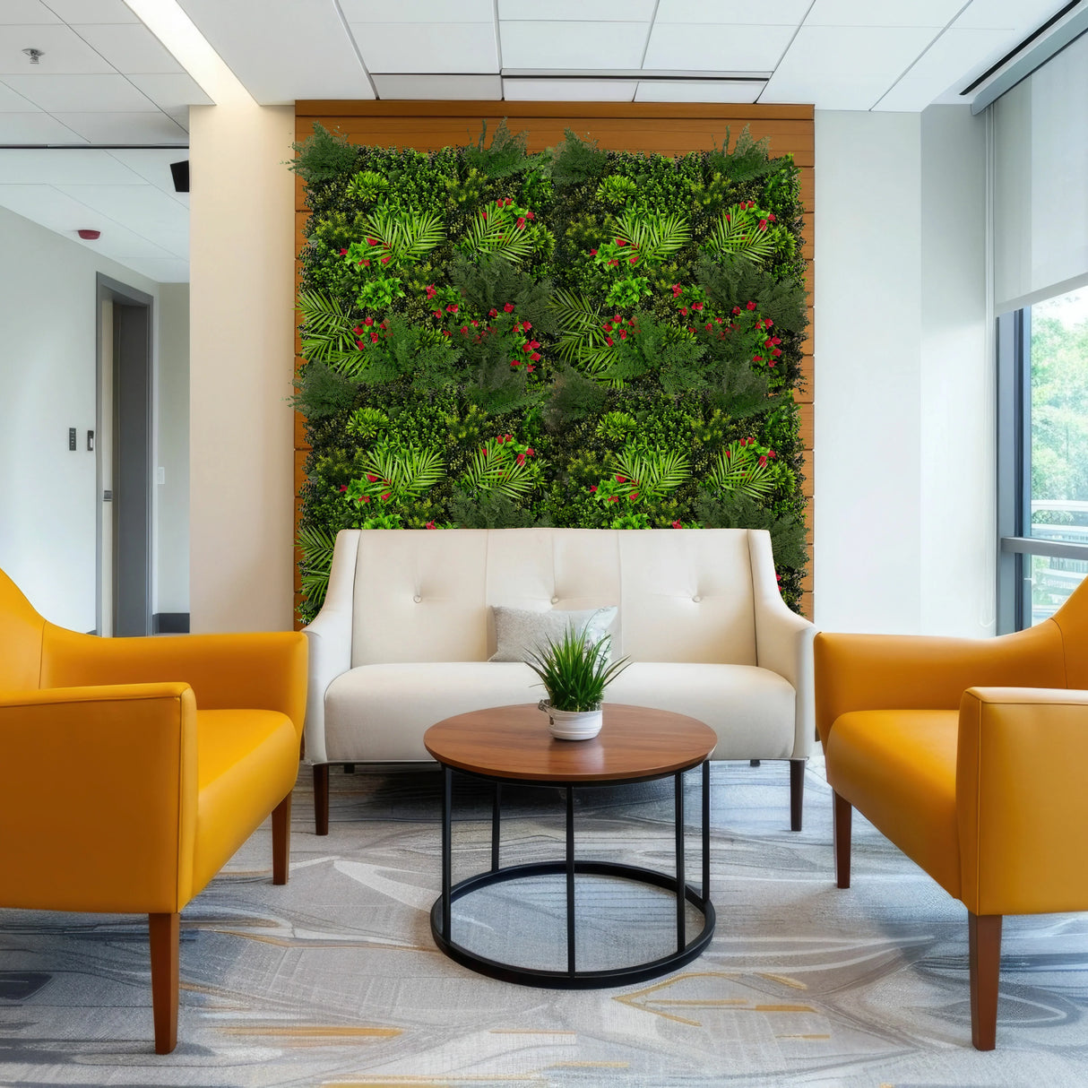 Lush green Mira Artificial Wall Tile featuring vibrant foliage and red accents, enhancing modern interior decor with a natural touch