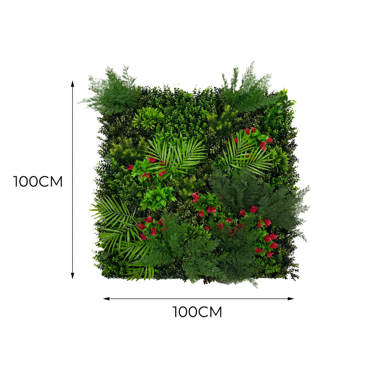 Mira Artificial Wall Tile in vibrant green with lush foliage and red flowers, measuring 100cm x 100cm, perfect for decor