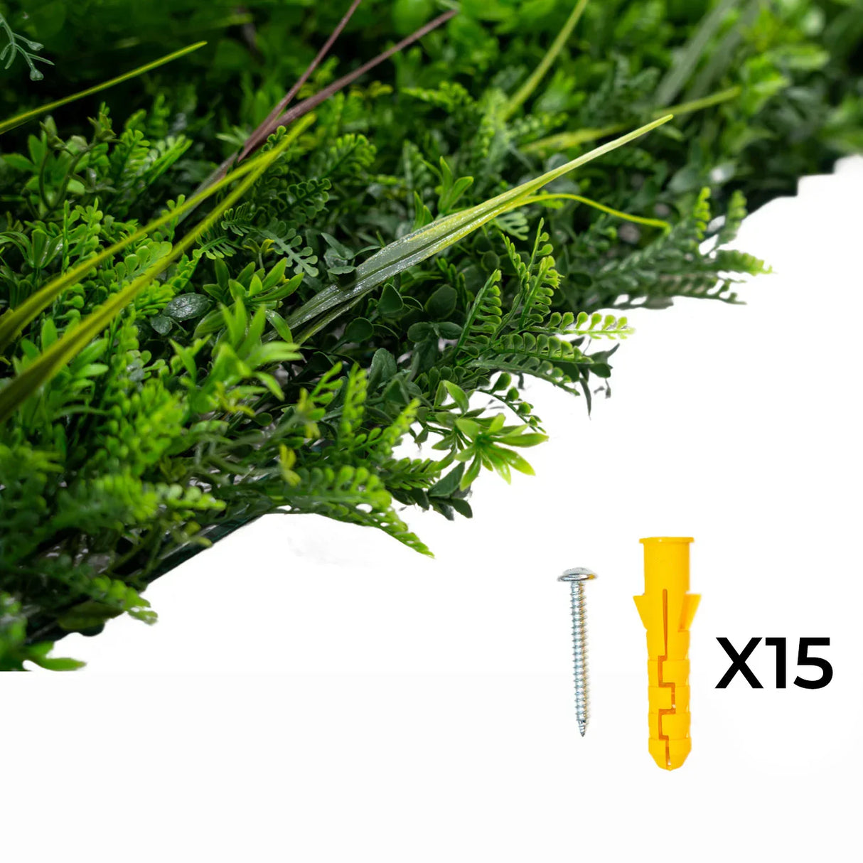 Mira Artificial Wall Tile features lush green foliage with varied textures, includes 15 yellow screws and anchors for easy installation