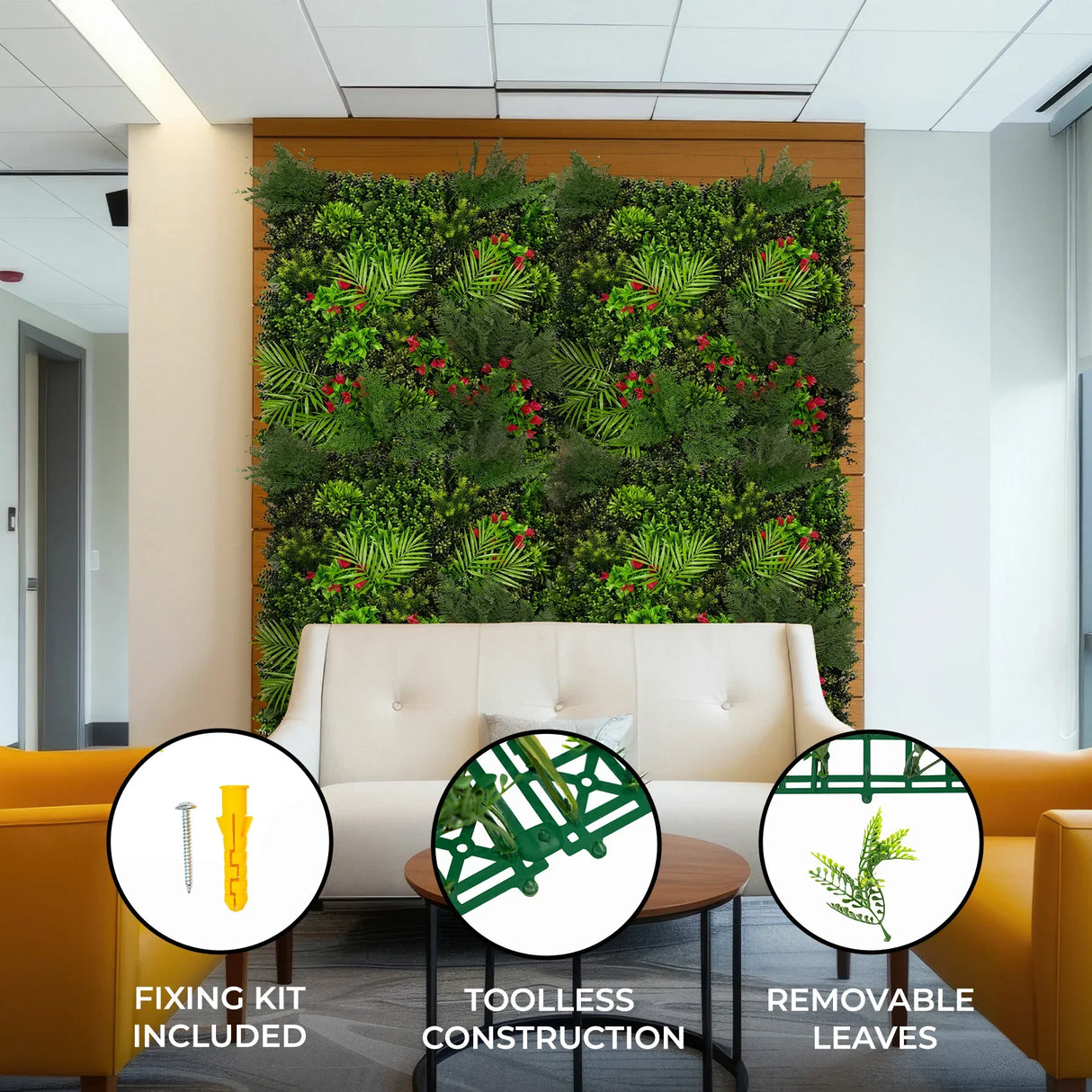 Mira Artificial Wall Tile 100cm x 100cm features lush green foliage and vibrant red accents, perfect for enhancing indoor spaces