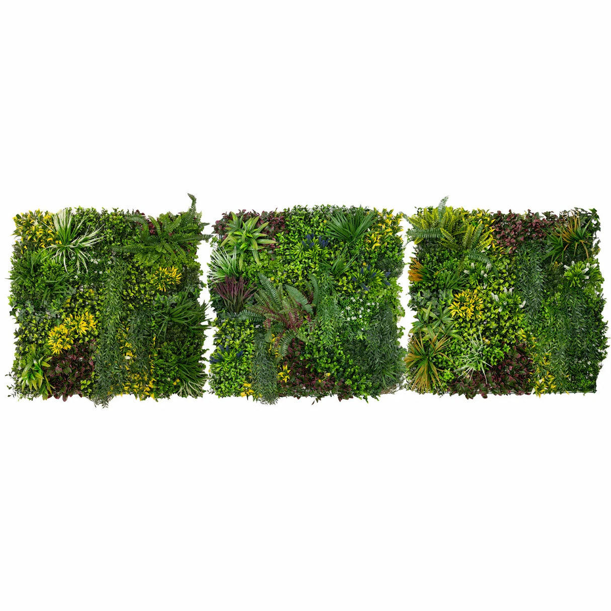 Cassia artificial wall tile set of three, featuring lush green foliage, varied textures, and vibrant colors, perfect for indoor decor