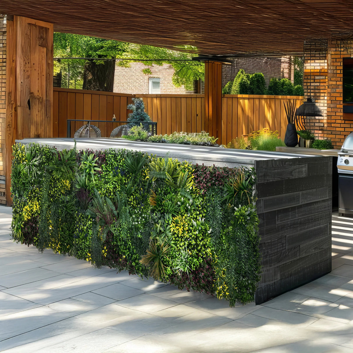 Cassia Artificial Wall Tile in lush green shades, featuring a textured surface with realistic foliage, ideal for outdoor decor