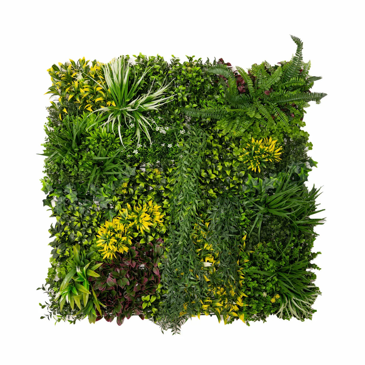 Cassia artificial wall tile featuring a lush mix of vibrant green foliage, textured leaves, and various plant shapes, ideal for decor