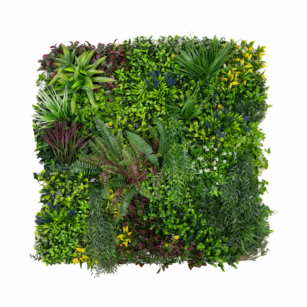 Cassia Artificial Wall Tile featuring a lush mix of vibrant green foliage, textured leaves, and various plant shapes, perfect for decor