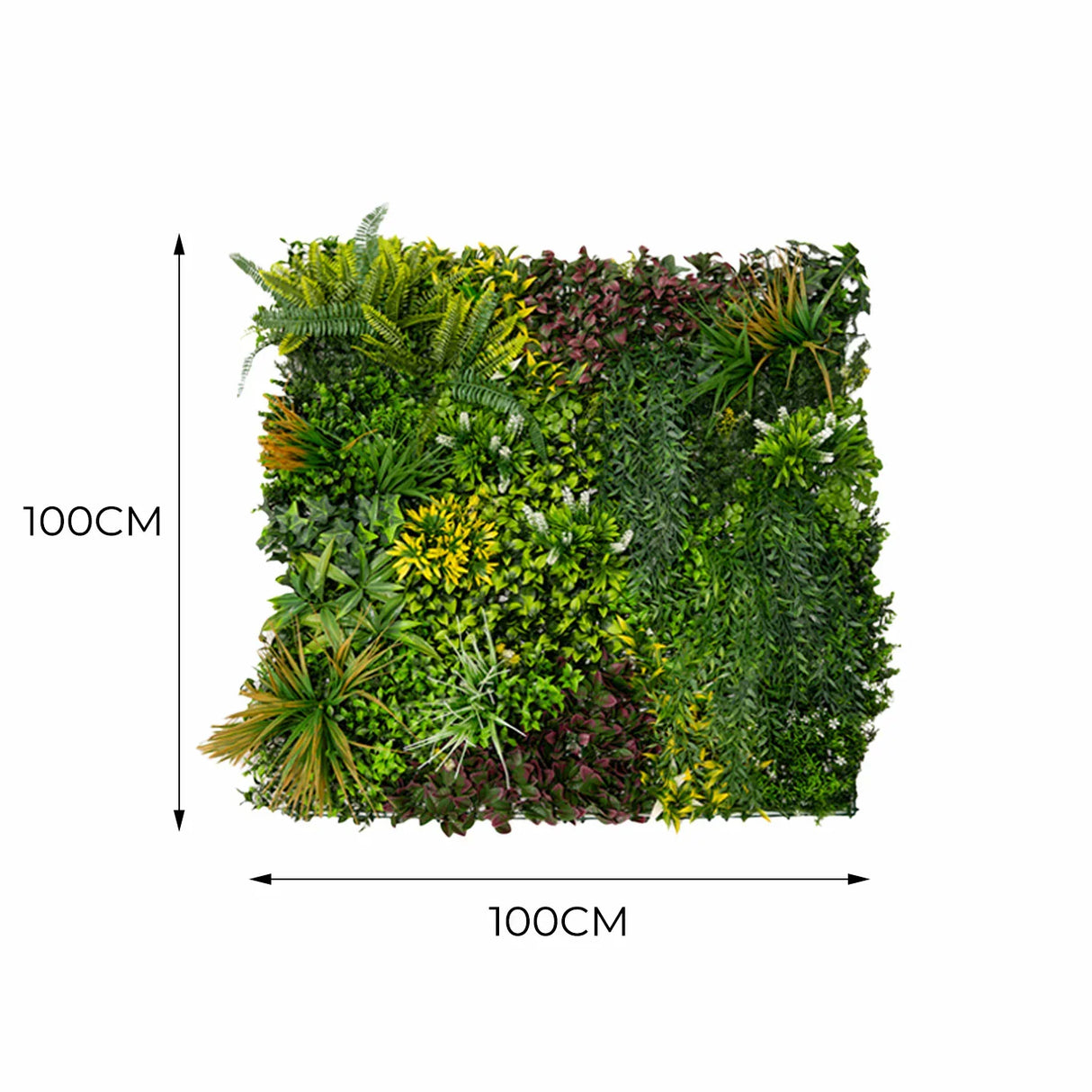 Cassia Artificial Wall Tile featuring lush green foliage, vibrant plants, and a square shape, measuring 100cm x 100cm