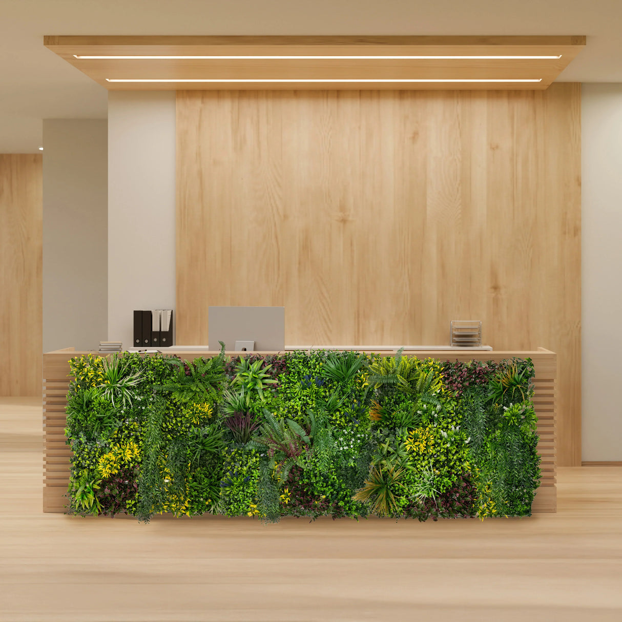 Cassia Artificial Wall Tile in vibrant green with textured foliage, ideal for enhancing modern interiors or office spaces