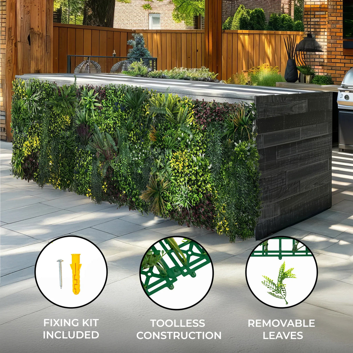 Cassia Artificial Wall Tile in lush green, featuring removable leaves and a sleek dark wood finish, ideal for outdoor decor