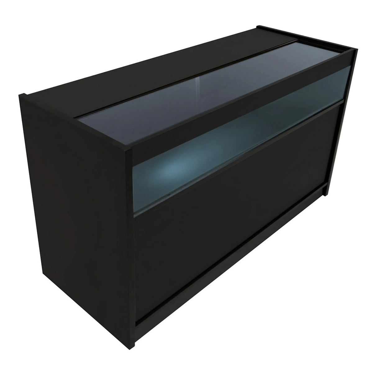 Sleek black LED retail shop counter B1500 with glass display top and illuminated interior, perfect for showcasing products