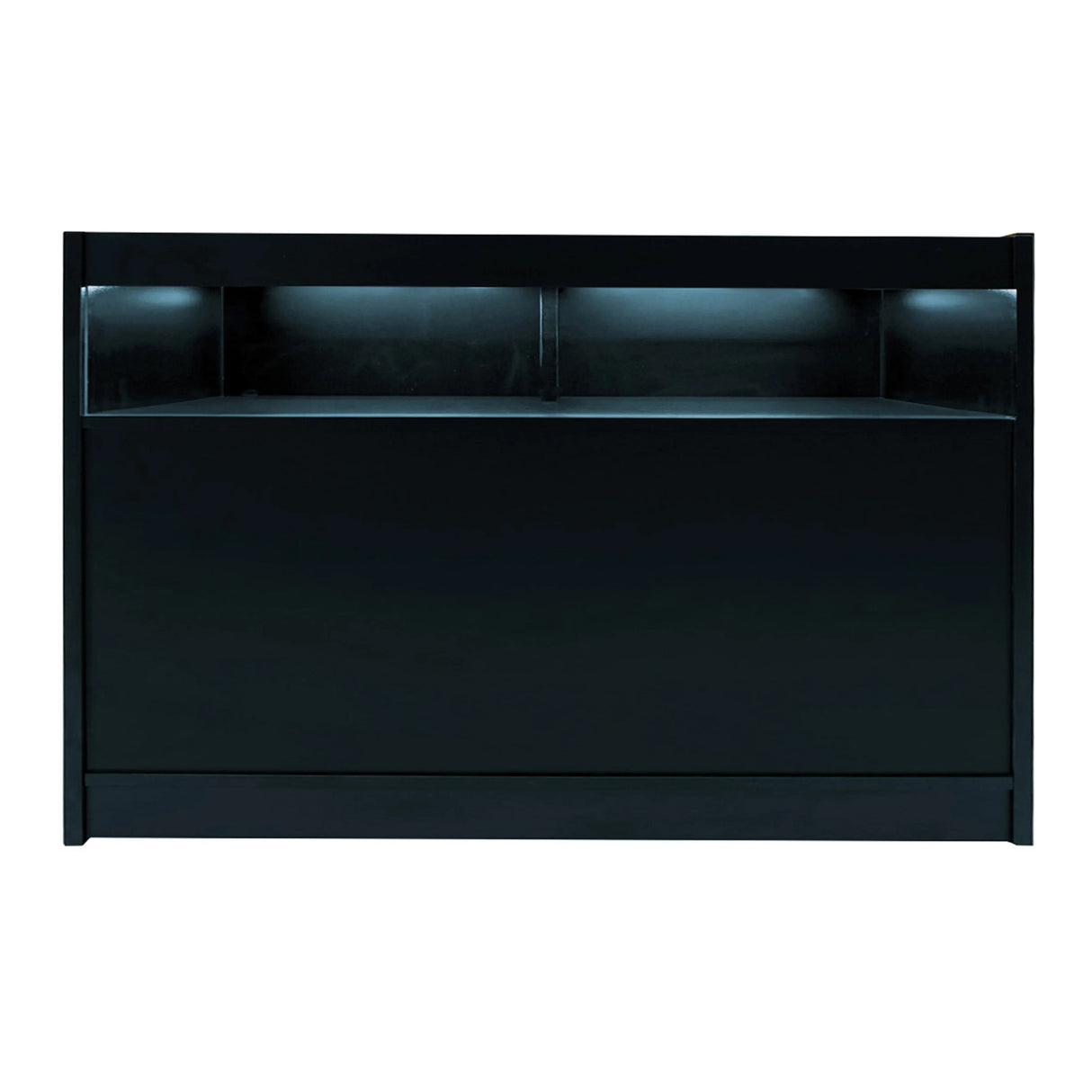 Sleek black LED retail shop counter B1500 with illuminated shelves, featuring a smooth finish and modern design for stylish displays