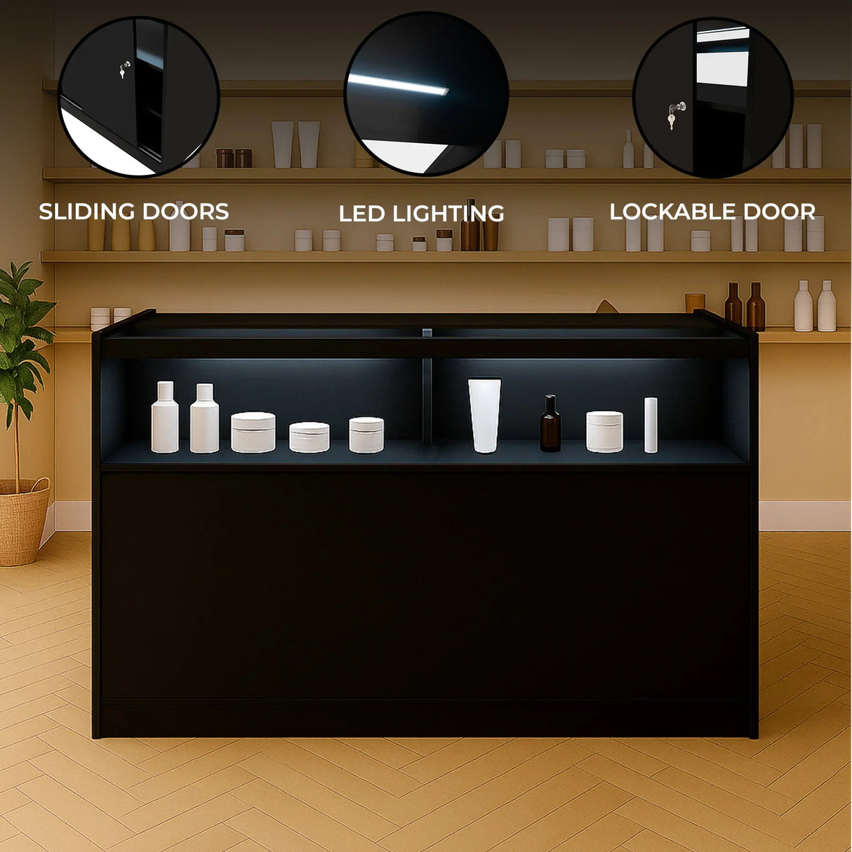 Black LED retail shop counter B1500 featuring sliding doors, lockable design, and illuminated shelves showcasing various products