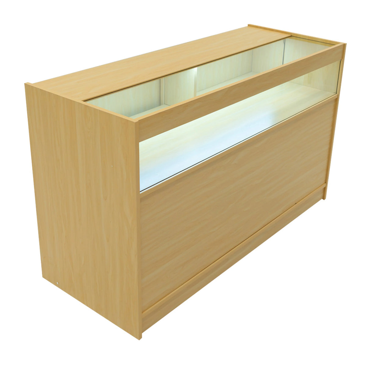 LED retail shop counter in maple finish, featuring a sleek design, illuminated display area, and smooth, textured surface