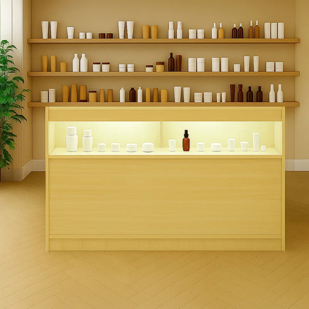 LED retail shop counter in maple finish, featuring illuminated display shelves with various white and brown containers, set in a warm, inviting space