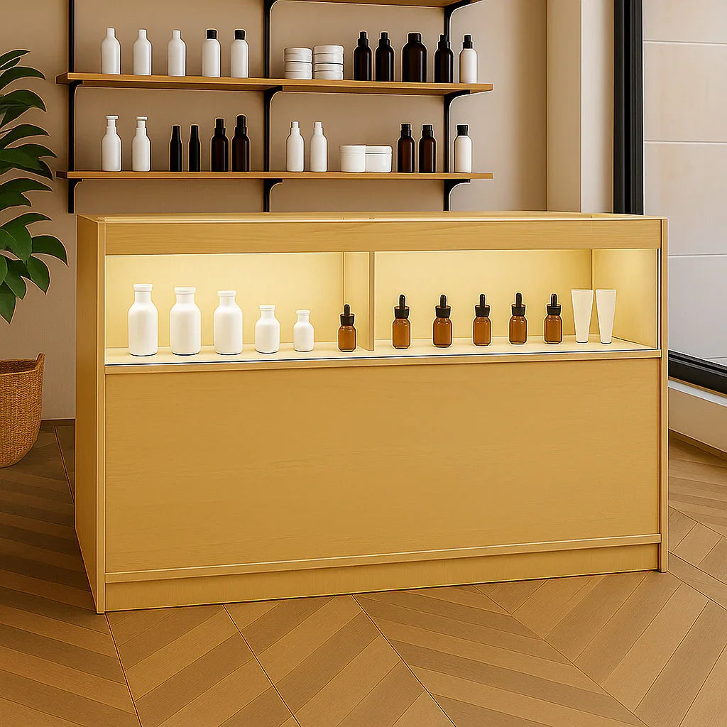 LED retail shop counter in maple finish, featuring illuminated display shelves with various bottles and a sleek, modern design