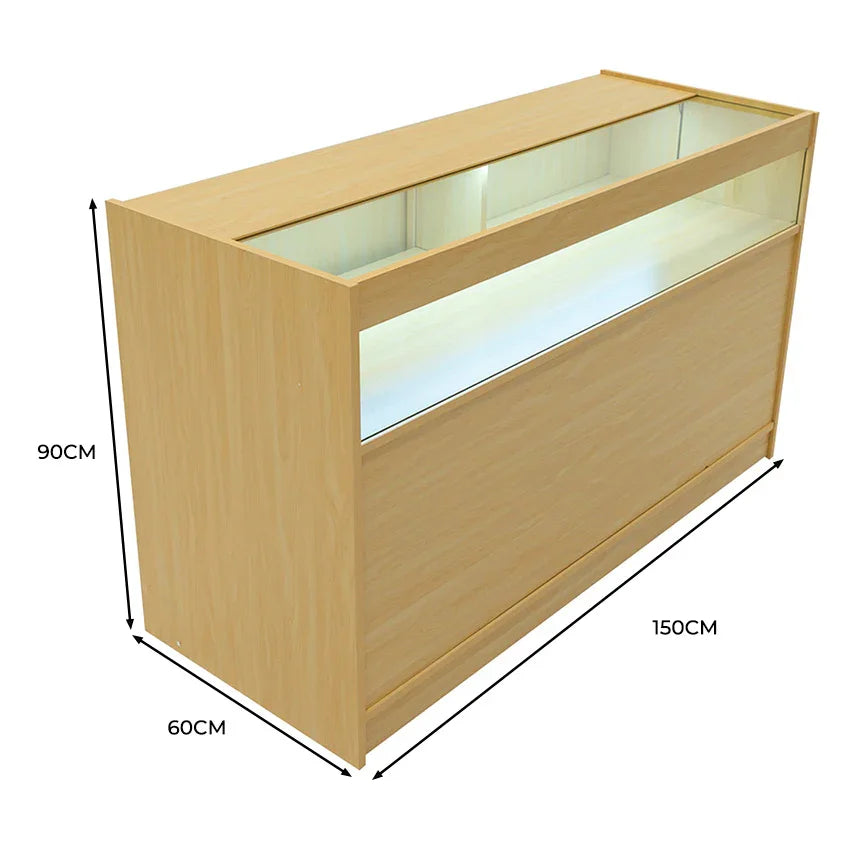 LED retail shop counter in maple finish, featuring a sleek design, glass display area, and LED lighting, measuring 150cm x 90cm x 60cm