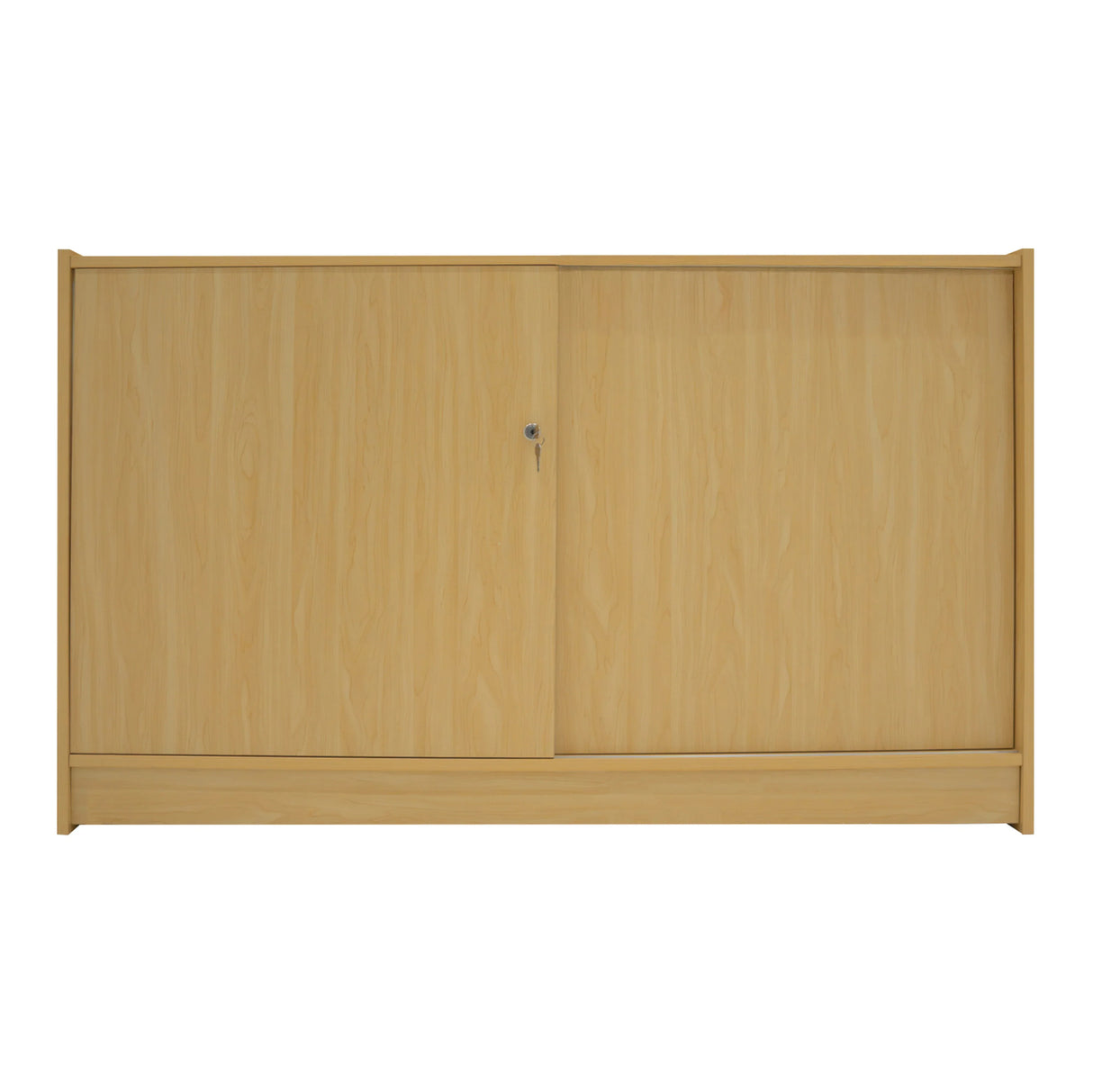LED retail shop counter B1500 in maple finish, featuring a sleek design with sliding doors and a smooth, textured surface