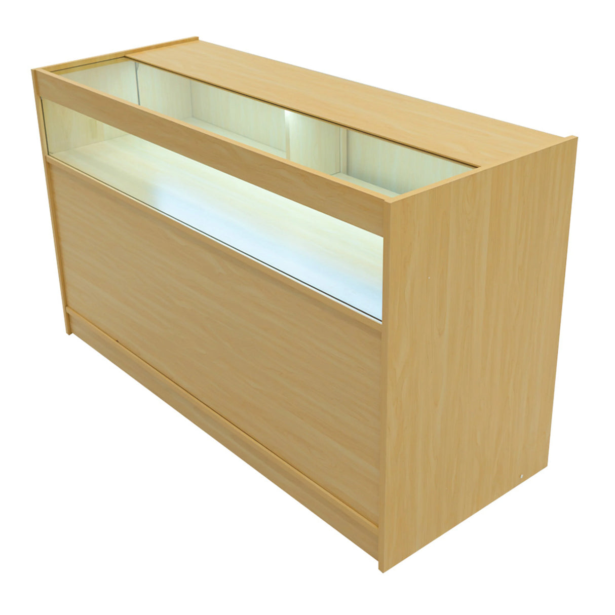 Maple LED retail shop counter B1500 featuring a sleek design, illuminated display area, and smooth wood grain texture