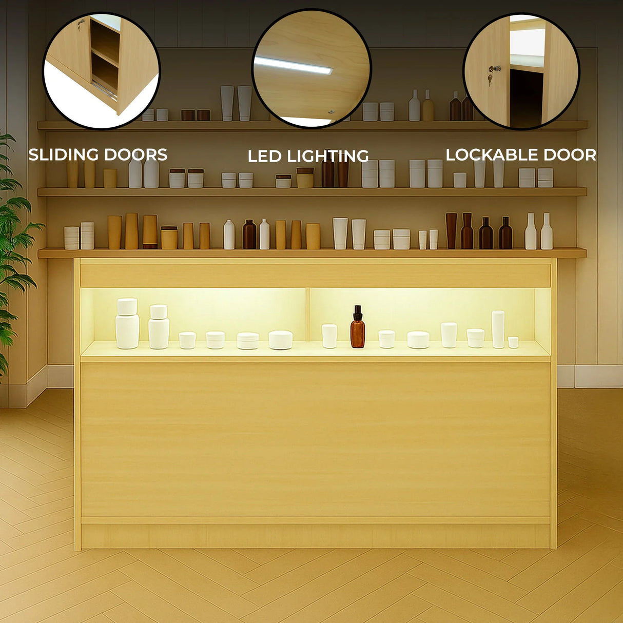 Maple LED retail shop counter with sliding doors, lockable door, and illuminated display for showcasing products in a modern setting