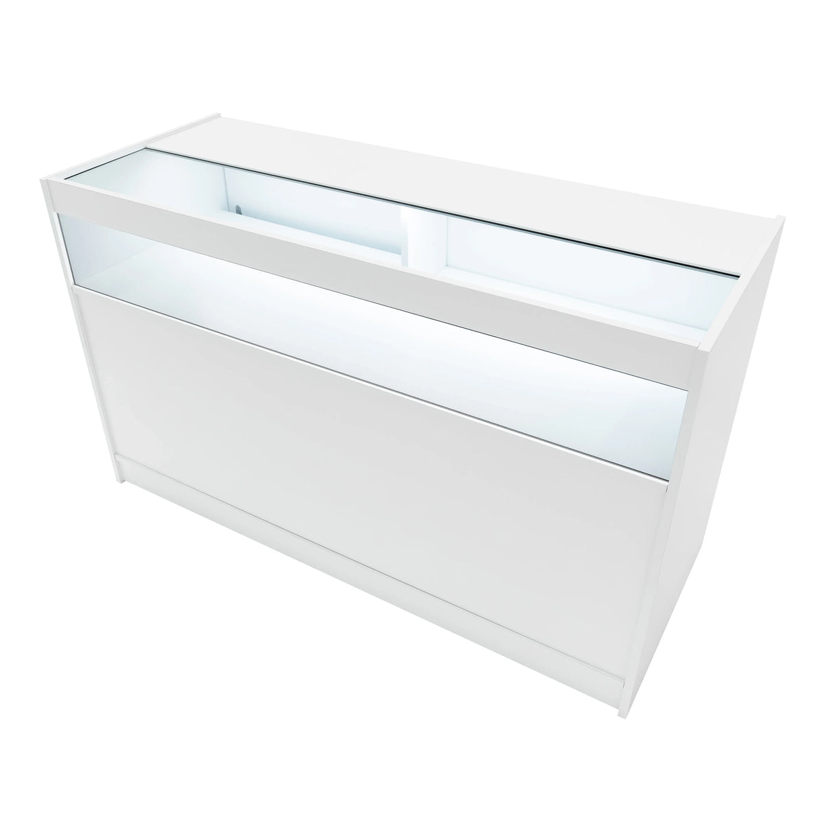 Sleek white LED retail shop counter B1500 with a glass display top and illuminated interior, perfect for showcasing products