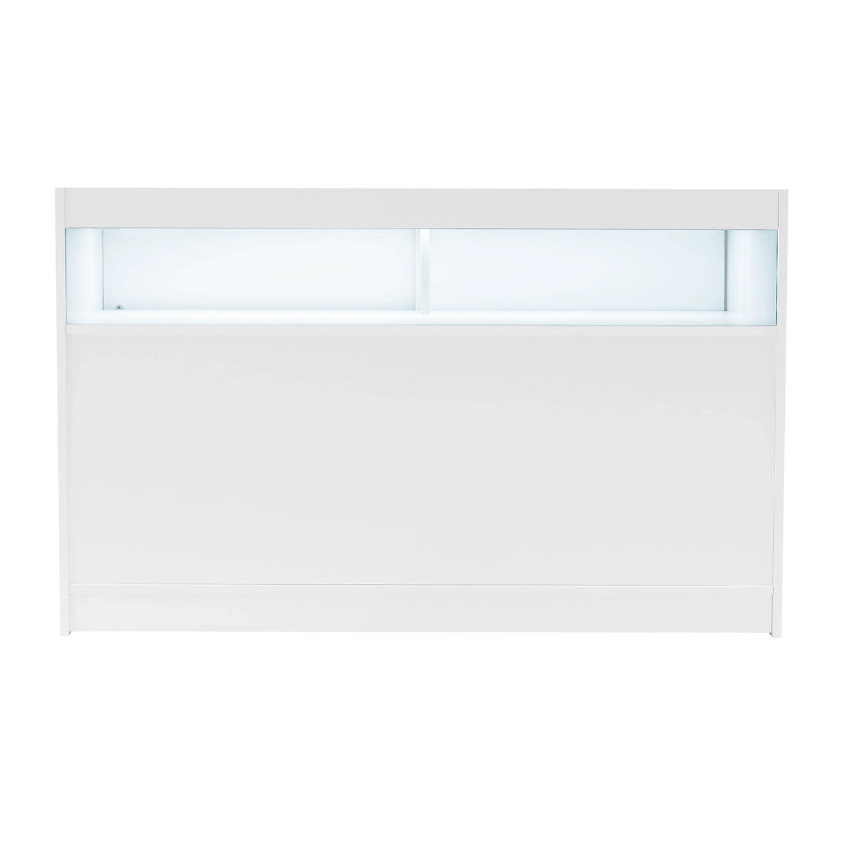 Sleek white LED retail shop counter B1500 with a modern design, featuring a backlit display area for showcasing products