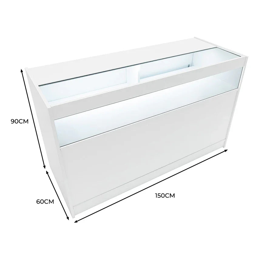 LED retail shop counter in sleek white finish, featuring a glass display top, modern design, and dimensions of 150cm x 90cm x 60cm
