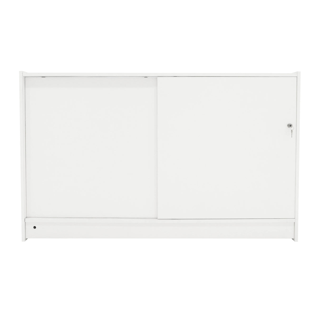 Sleek white LED retail shop counter B1500 with sliding doors, featuring a smooth finish and modern design for stylish displays