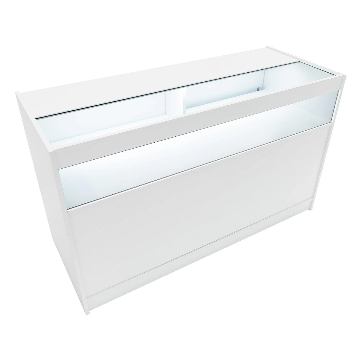 Sleek white LED retail shop counter B1500 with a glass display top, modern design, and illuminated interior for showcasing products