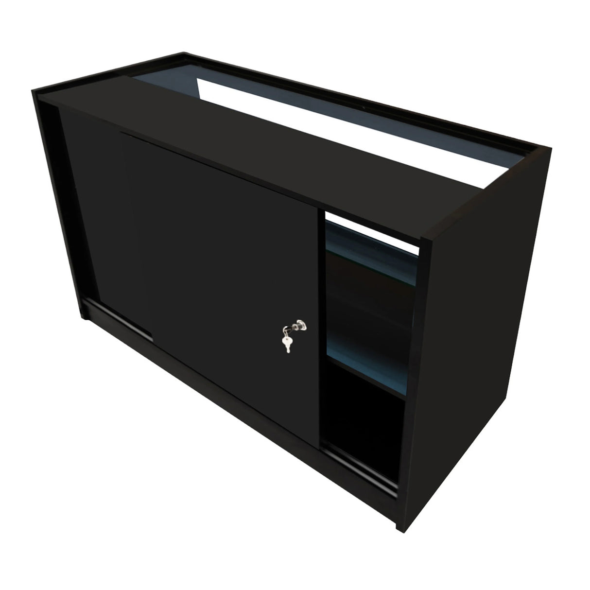Sleek black LED retail shop counter C1500 with sliding door, glass shelves, and modern design for stylish display and storage