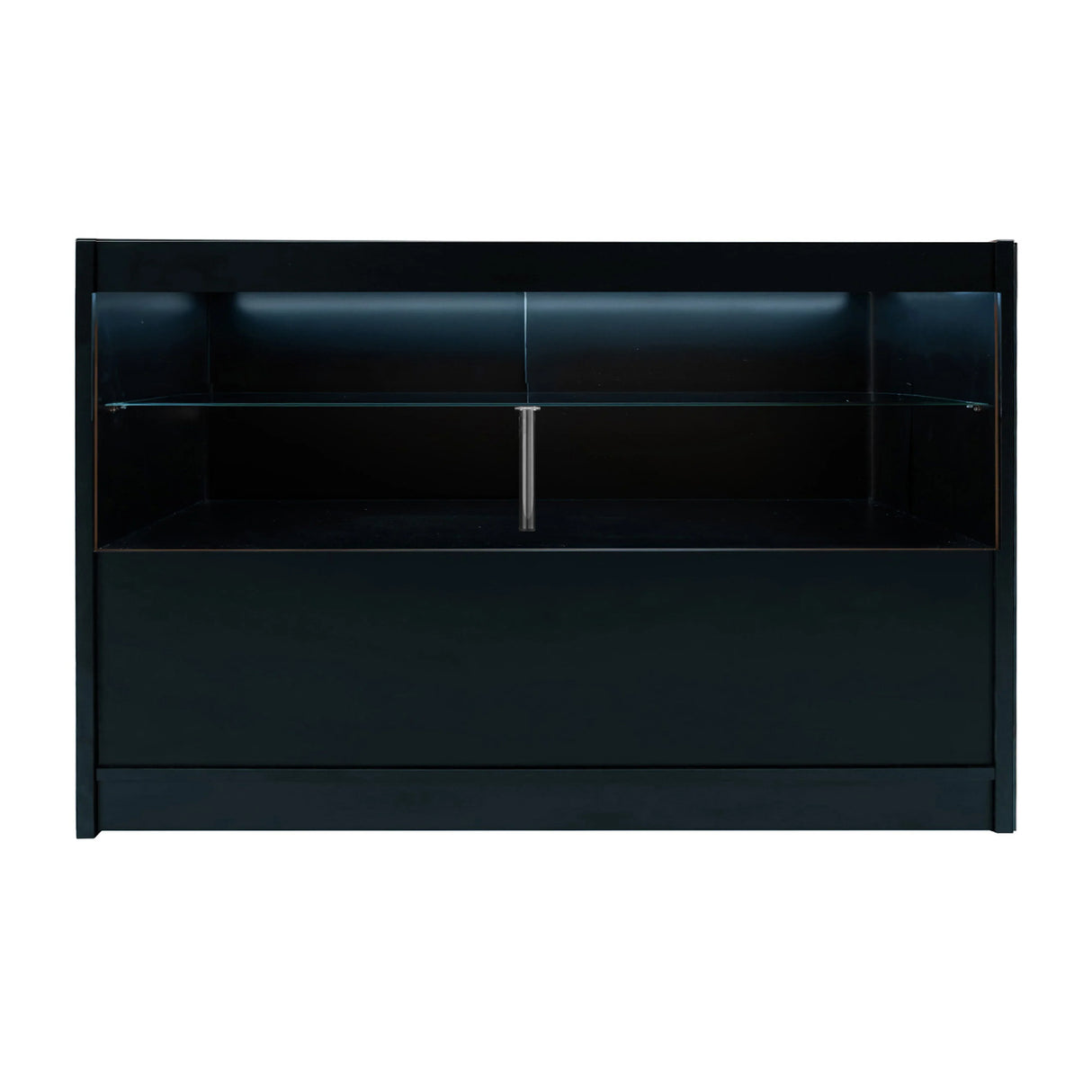 Sleek black LED retail shop counter C1500 with a glossy finish, spacious interior, and illuminated display area for products