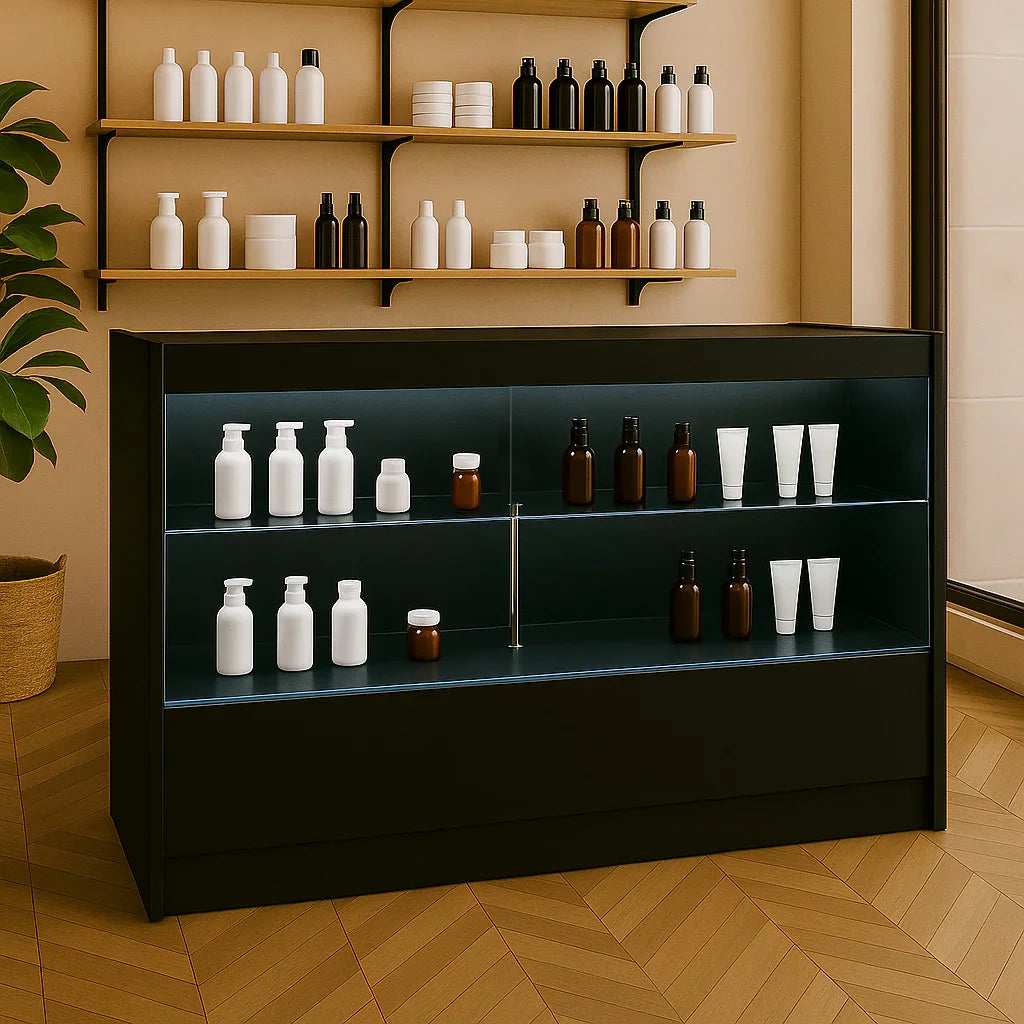 Sleek black LED retail shop counter C1500 with illuminated shelves, displaying various cosmetic bottles in a modern setting