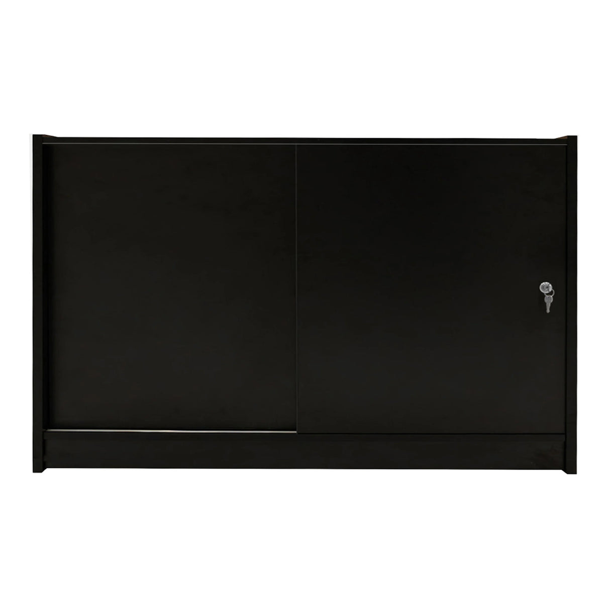 Sleek black LED retail shop counter C1500 with sliding doors and a lock, featuring a smooth, modern finish ideal for displays